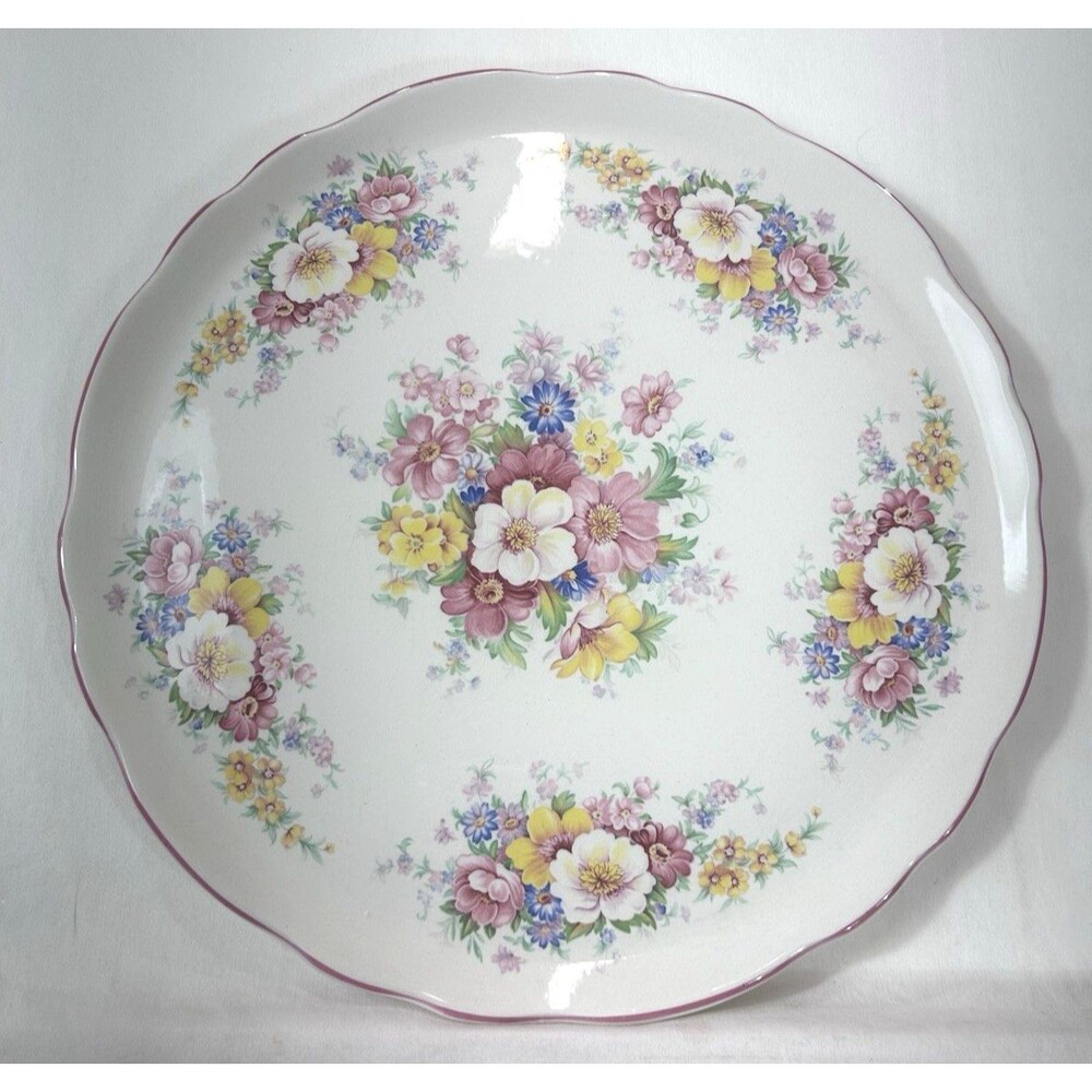 James Kent Old Foley Harmony Rose Cake Plate England Pink White Roses Fluted